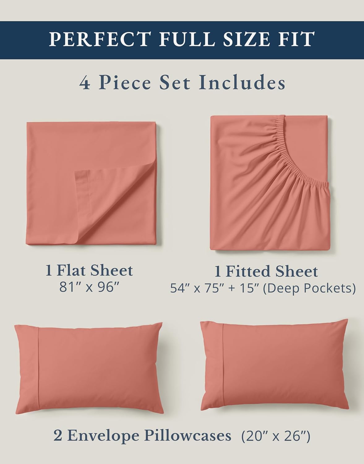 LANE LINEN 100% Organic Cotton Full Sheets Set - Ultra Soft Percale Bedding, Fits Mattresses Up to 15" Deep | Rose Dawn