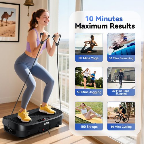 HTM Curved Vibration Plate Exercise Machine, Whole Body Shake Plate with 150W Motor & Resistance Band, 330lbs Weight Capacity, 120 Speeds, Low Noise Vibration Board for Weight Loss, Home Fitness