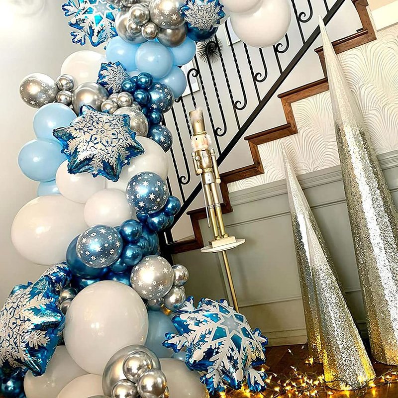 132PCS Ice Snow Queen Metal Balloons Double Layer Snowflake Decorations Balloons Garland Arch Kit For Birthday Baby Shower Winter Wonderland Christmas Home Party Decorations