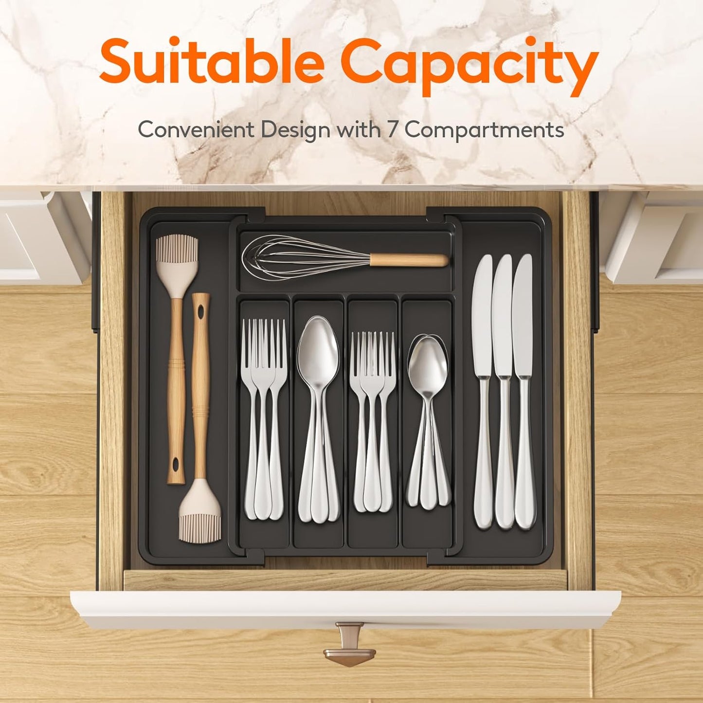Lifewit Drawer Organizer Set - Expandable Plastic Storage for Silverware & Cooking Utensils | BPA-Free, Black