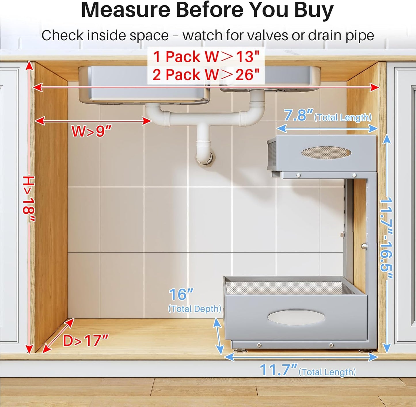 Under Sink Organizer | 2-Pack 2-Tier Pull-Out Cabinet Shelf with Metal Slides & Mesh Drawers - Grey