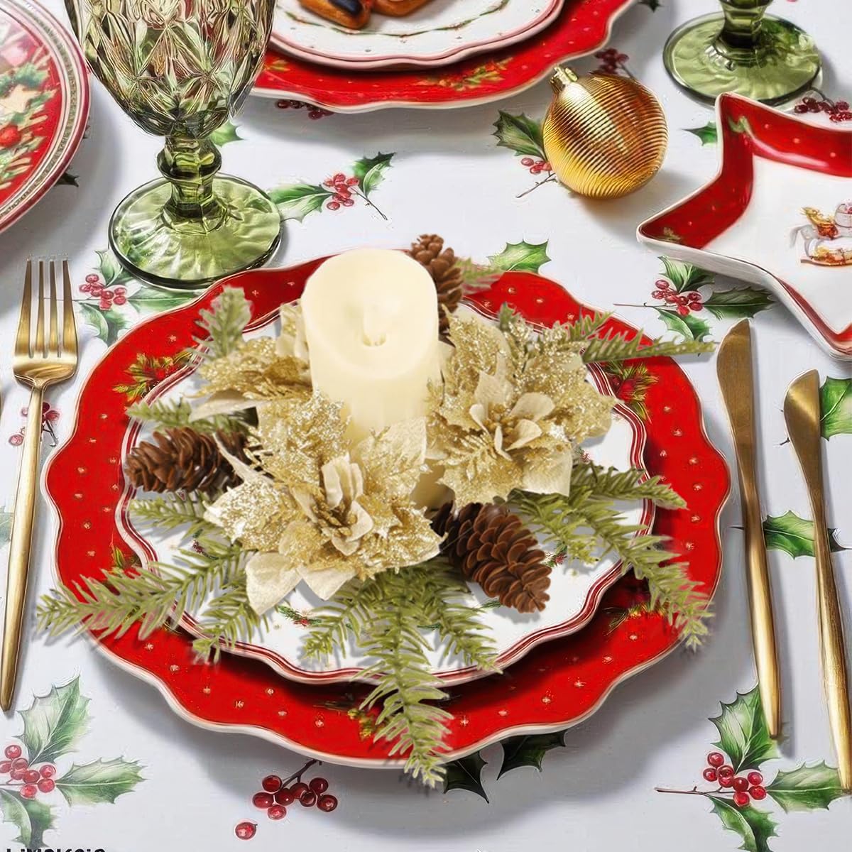 Regine Switzerland Christmas Candle Ring - Gold Glitter Poinsettia & Pinecone Garland | Holiday Table Decor