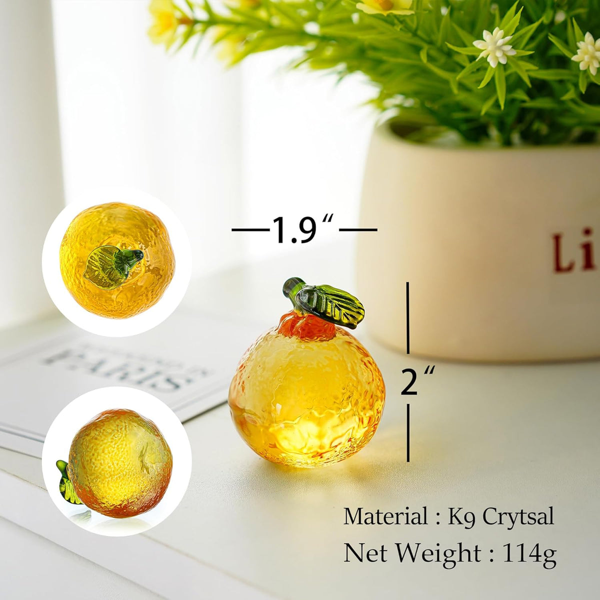 Skiennix 2-Inch Glass Orange Figurine - Hand Blown Crystal Tangerine Art Ornament for Home Decor