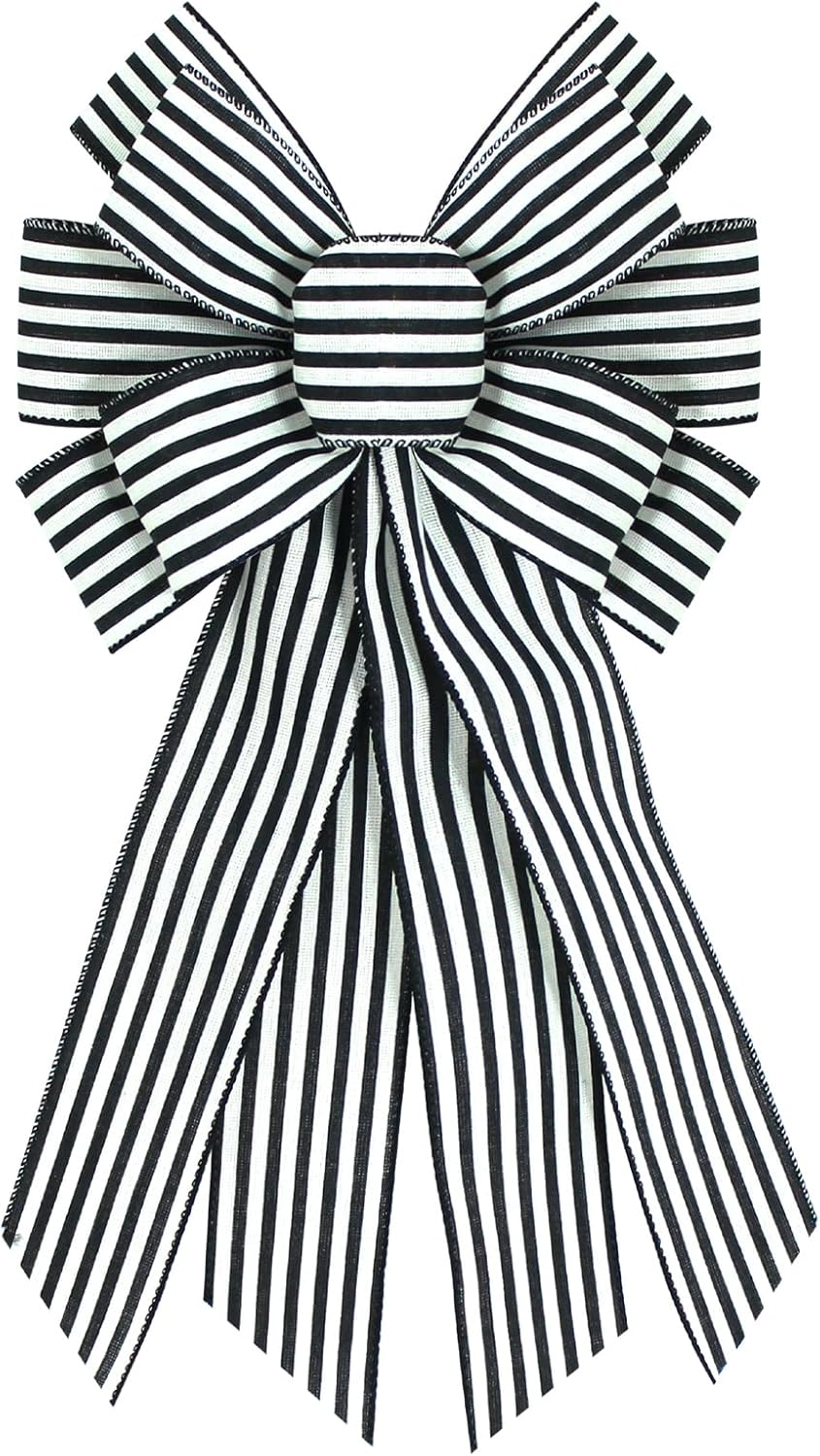 Skiennix Burlap Wreath Bow - Black & White Stripes | 20 x 11 Inches for Home & Front Door Decor