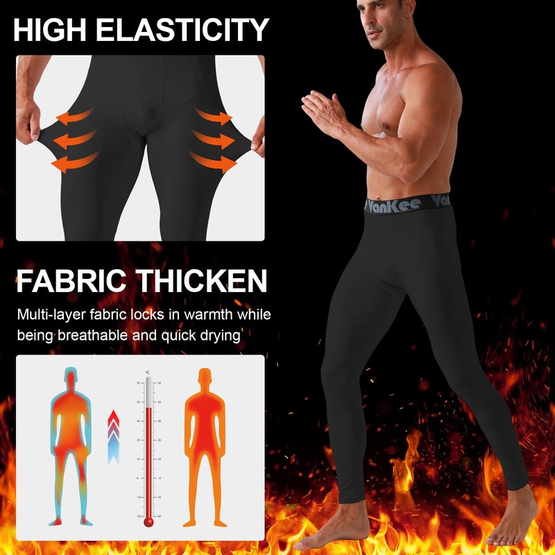 VanKee Men’s Thermal Compression Pants Fleece Lined Sport Tights Base Layer Bottoms Athletic Leggings for Cold Weather Men's Winter Gear for Skiing Sports Running Cycling Basketball Black