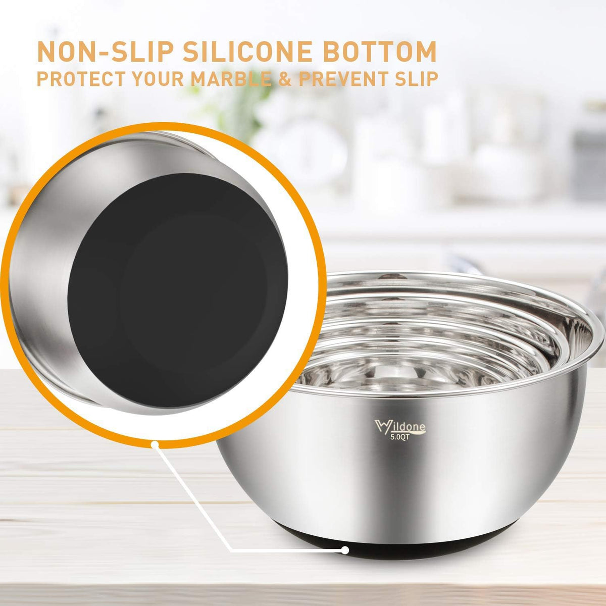 Wildone Mixing Bowls Set - 5PCS Stainless Steel Nesting Bowls with Airtight Lids & Grater Attachments | Non-Slip Bottoms, 0.63 to 5 QT