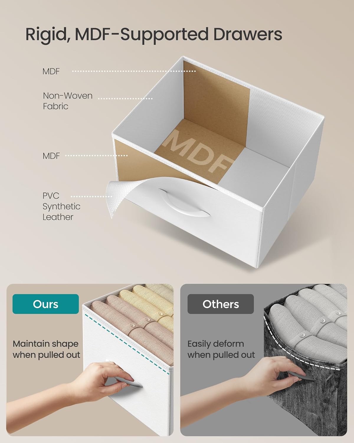 SONGMICS Dresser - Stylish Chest of Drawers with 3 Fabric Storage Bins | Cloud White & Snow White