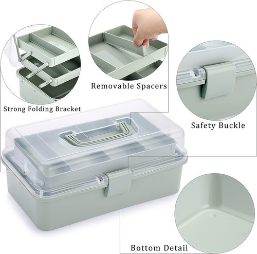 BTSKY 3-Layer Craft Organizer - Adjustable Spacers & Portable Handle - Haze Green Storage Box