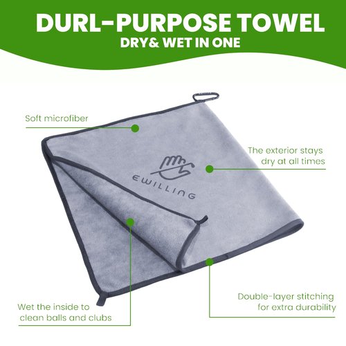 EWILLING Premium Microfiber Golf Towel (14"x14"), Dual Layer Design with Carabiner Clip, Heavy Duty Golf Towel for Cleaning Golf Clubs & Balls, Essential Golf Accessories for Men & Women(Grey)