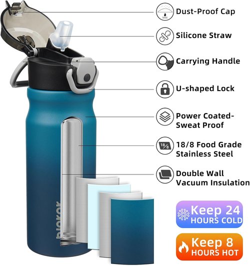 BJPKPK 18oz Insulated Water Bottle - Stainless Steel, BPA-Free, Leak-Proof | Indigo Black with Straw