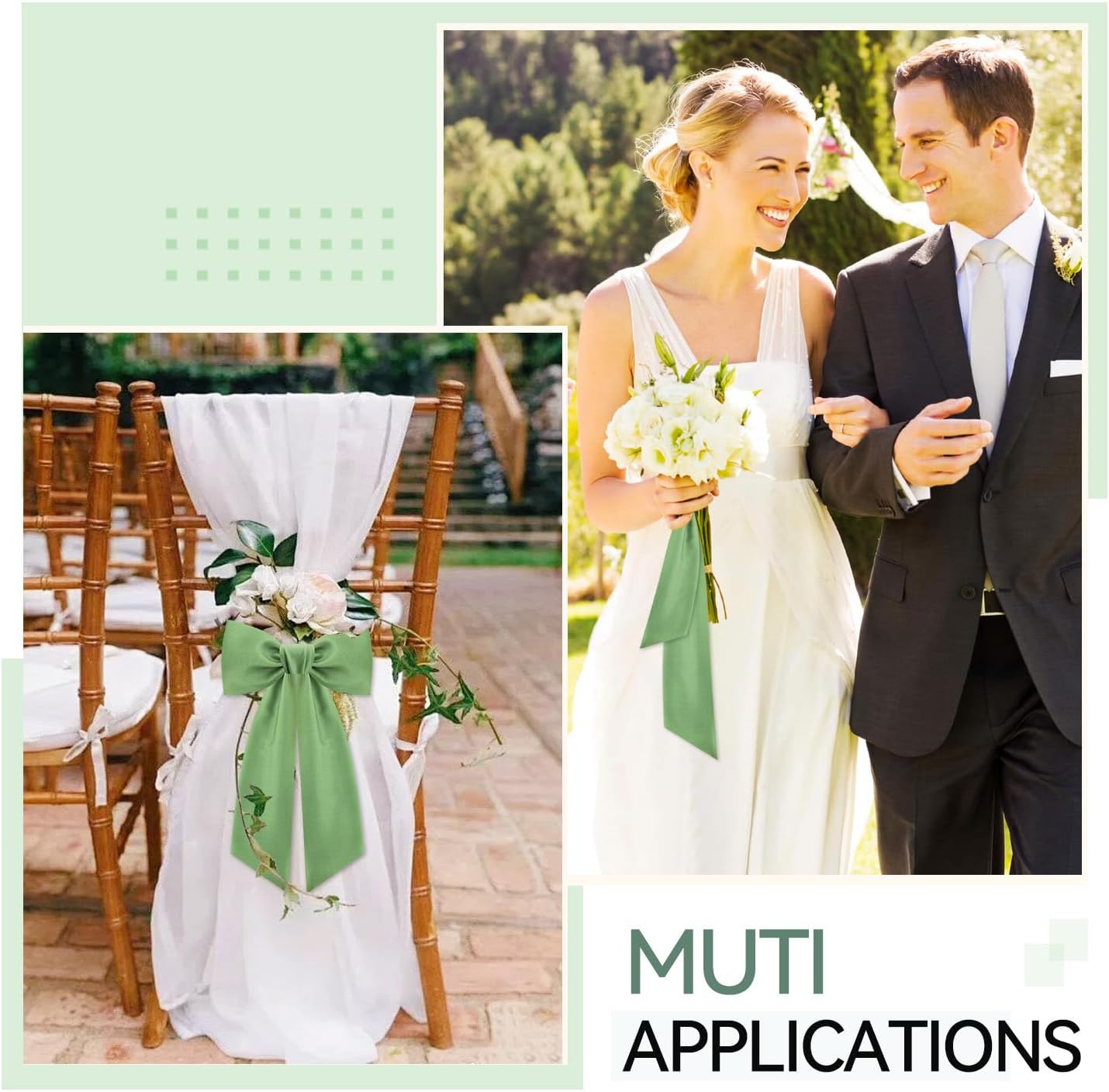 Skiennix Sage Green Wreath Sash - Elegant Linen Ribbon Bow for Front Door & Porch Decor | 2 Pcs