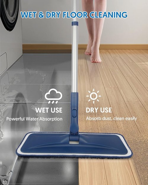 BPAWA Microfiber Flat Floor Mop - Versatile Wet/Dry Cleaning for Hardwood, Tile & Vinyl | 4 Washable Chenille Pads