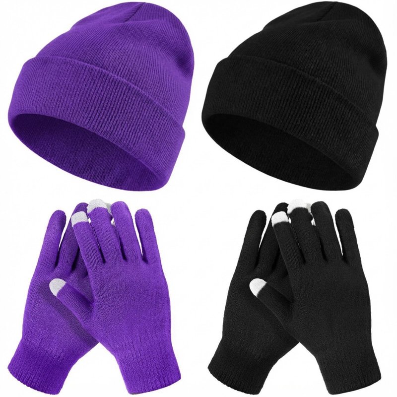 Tivi Tovo 4 Pcs Winter Knit Beanie Hat and Touchscreen Gloves Set for Women Men Warm Acrylic Cap and Gloves Set(Black, Purple,Knit)
