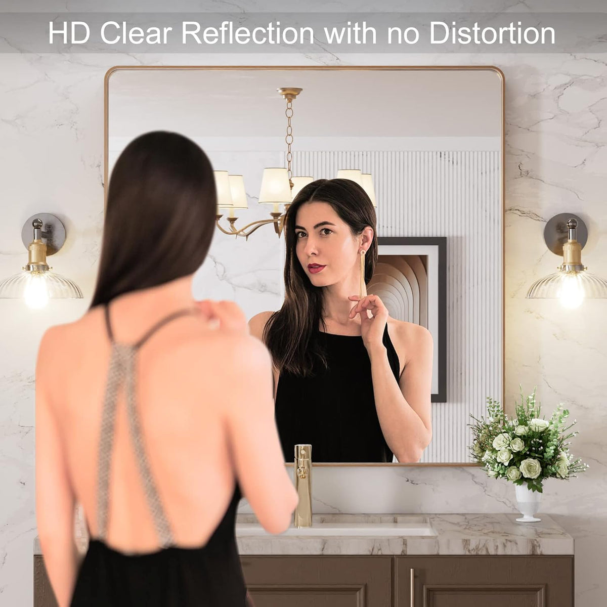 LOAAO Gold Bathroom Mirror - 36”X36” Rounded Rectangle Design | Anti-Rust Tempered Glass, Wall-Mounted