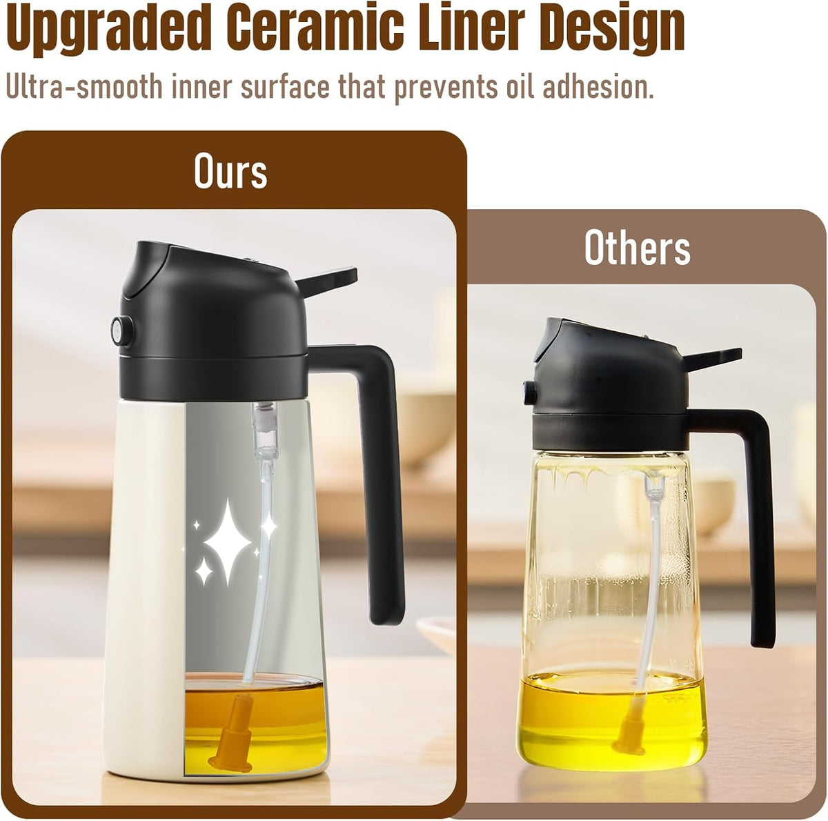 Baalaka Oil Sprayer - 2-in-1 Olive Oil Dispenser & Sprayer - Stainless Steel, 16oz (Black)