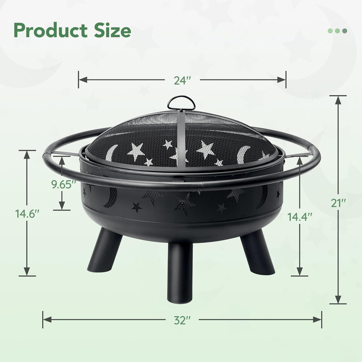 Skiennix 32-Inch Round Fire Pit - Metal Wood Burning Design with Mesh Cover & Poker | Outdoor Patio & Garden Decor