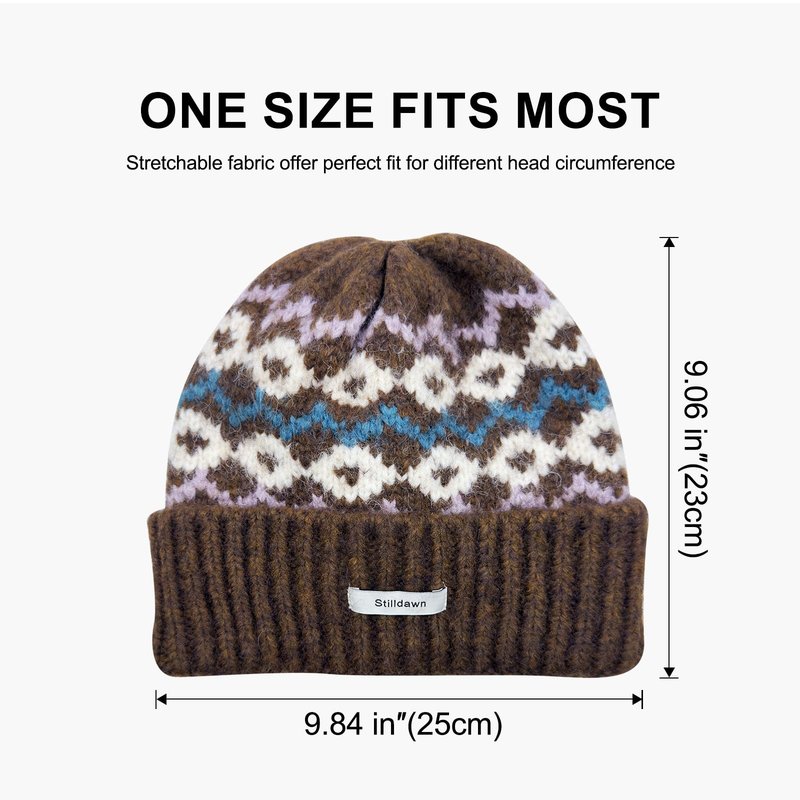 Stilldawn Winter Jacquard Beanie Hats for Women & Men, Elegant Textured Knit Slouchy Beanie, Unisex Casual Soft Knit Slouchy Beanie, Warm Wool Blend Knit Hats– Lightweight & Stretchy(Coffee)