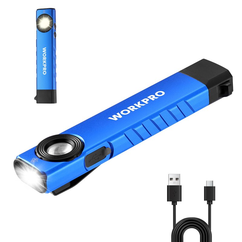 WORKPRO Rechargeable Work Light, 600 Lumens Flat Pocket Flashlight with UV Light, Magnetic Base & Clip, Slim LED EDC Flashlight for Garage, Camping, Home, and Emergencies