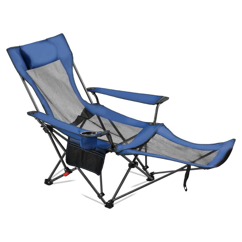 VEVOR 2-in-1 Reclining Camping Chair with Footrest for Adults, 4 Adjustable Positions, Portable Folding Lounger, Lightweight Mesh Beach Chair Supports 220lbs, Heavy Duty Camp Chairs Outdoor, Blue