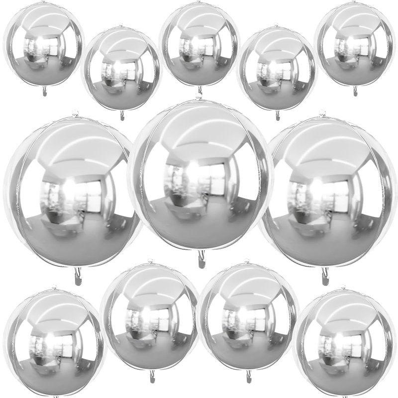 12Pcs Silver Round Foil Balloons, 22" 15" 10" 4D Ball Balloons, Metallic Silver Foil Balloon for Birthday Graduation Christmas New Year Eve Disco Party Backdrop Decorations