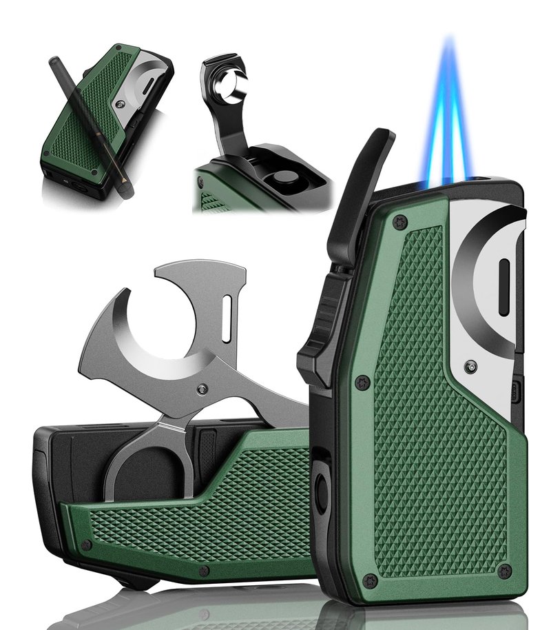 All-in-One Torch Lighters with Straight Cutter, Punch, Holder, Windproof Dual Jet Flame Torch Lighter, Refillable Butane Torch Lighters with Gift Box for Men, Multi-function Accessories for Men Luxury