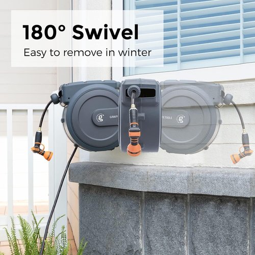 Giraffe Tools Retractable Garden Hose Reel - 5/8 Inch x 90 Ft | Wall Mounted with 180° Swivel Bracket & 9 Pattern Nozzle