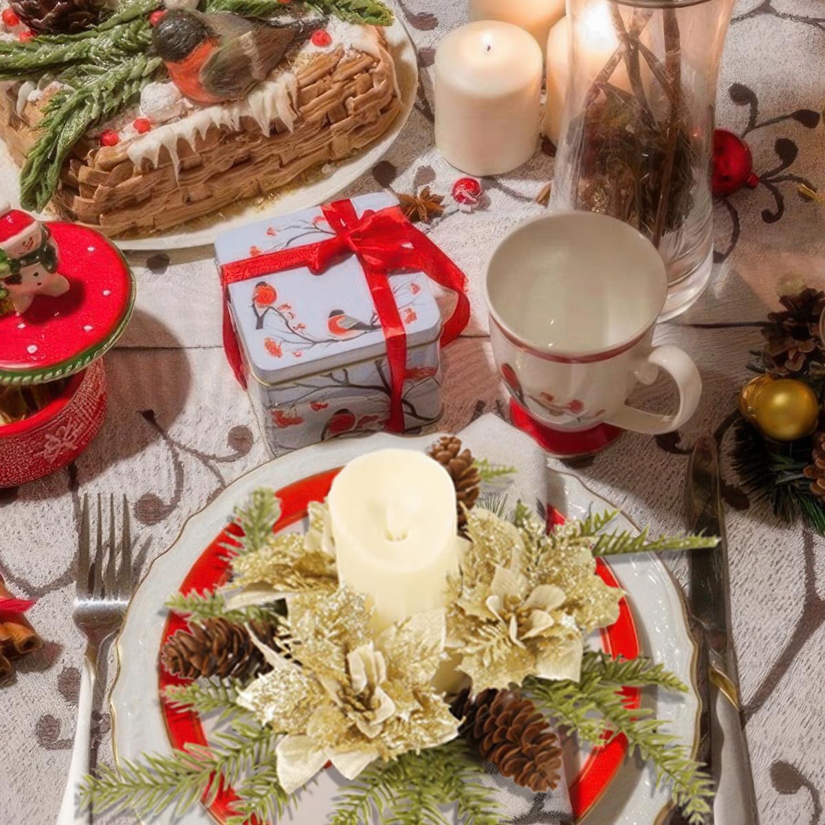 Regine Switzerland Christmas Candle Ring - Gold Glitter Poinsettia & Pinecone Garland | Holiday Table Decor