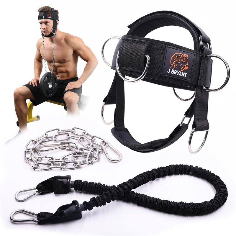Adjustable Neck Harness for Resistance Bands & Weightlifting, Head Strap with 6 D-Rings for Multi-Directional Neck Training, Padded Chin Support for Athletes & Rehab Exercises