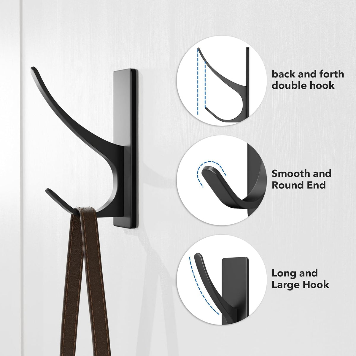Pickpiff 10 Pack Matt Black Self-Adhesive Coat Hooks - 13LB Extra Strong Metal Hangers for Bathroom, Kitchen, and More