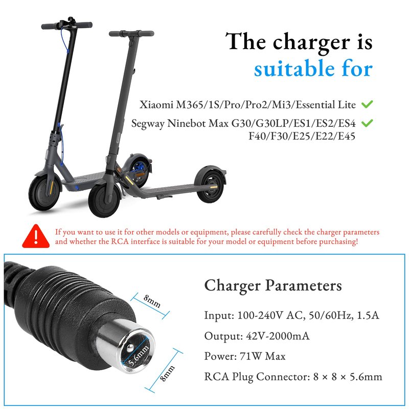 LUCK4U Electric Scooter Charger 42V 2A Power Adapter for Xiaomi and Segway Ninebot Multiple Security Protection Universal Lithium Battery Power Supply - US Plug