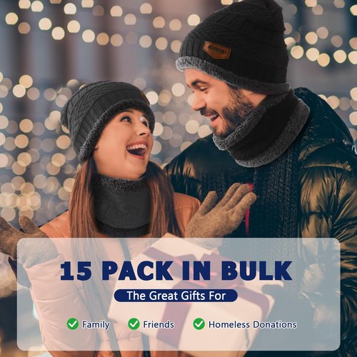Cutecrop 30 Pcs Winter Beanie Hats and Scarf Set Neck Warmers Fleece Knitted Beanie Caps Thick Unisex for Donation Homeless (Black)