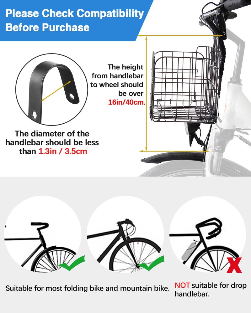 Zacro Metal Bike Basket Front Large Folding Ebike Bicycle Basket with Removable Liner Bag, Quick Release Design for Adult Women/Men Carrying Dogs, Pets, Fruit & Grocery