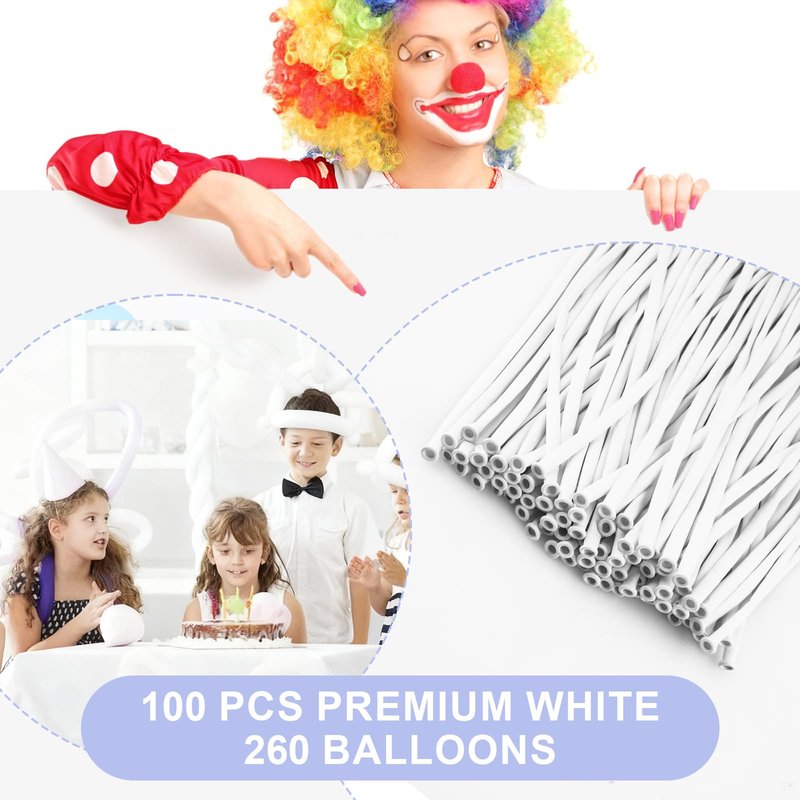 260 Balloons 100 PCS White - Premium Long Skinny Latex Balloons for Animal Twisting, Beginners, Weddings & Birthdays Party Decorations