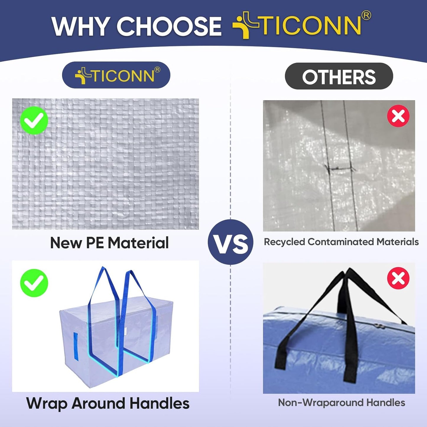 TICONN Extra Large Heavy-Duty Moving Bags - Durable Storage with Zippers & Handles (4 Pack, Blue)
