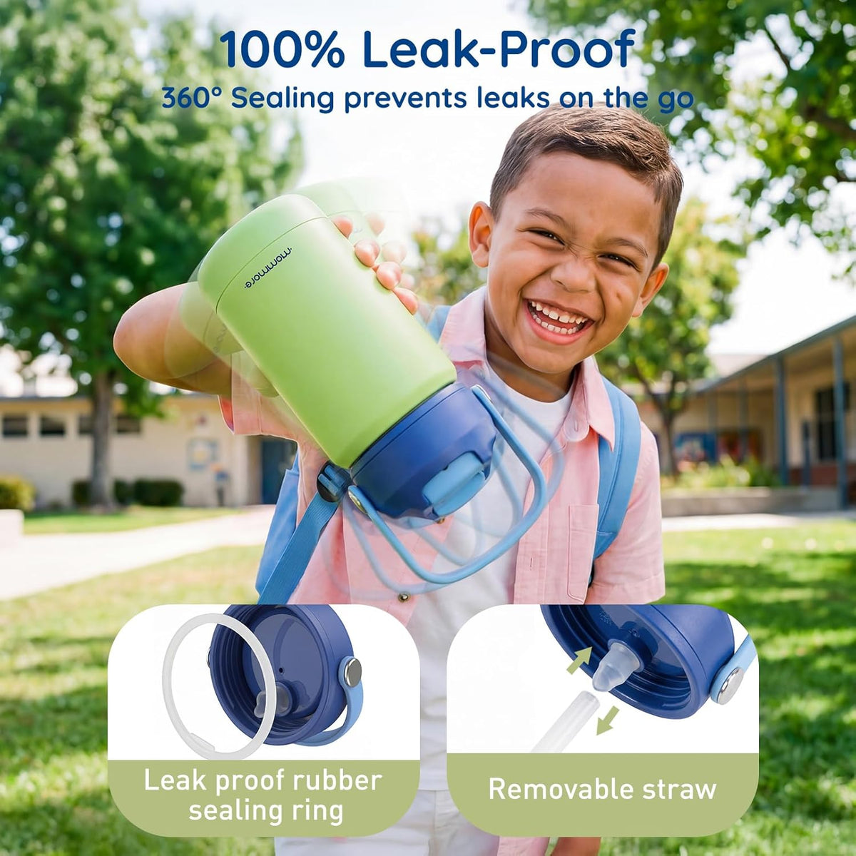 Mommore Kids Water Bottle - 12 oz Insulated Stainless Steel, Leakproof & BPA-Free, Dinosaur Design