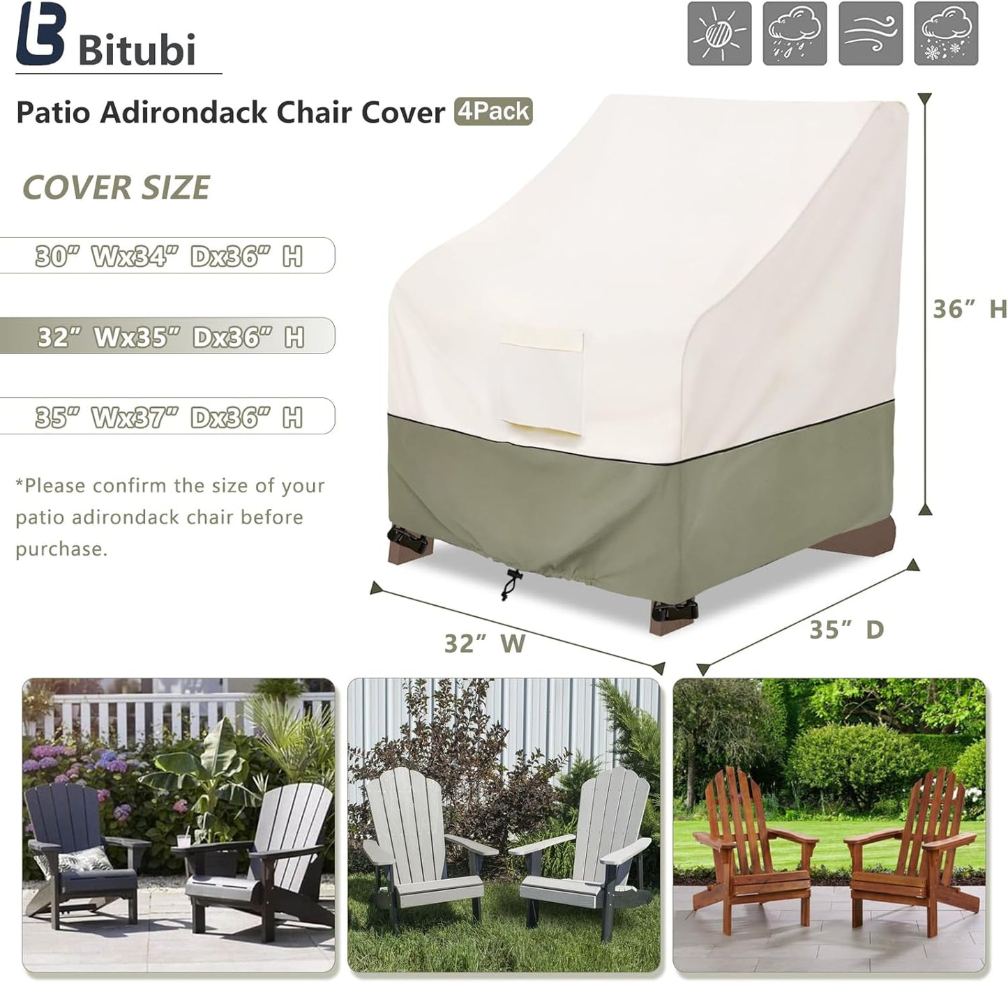 Patio Armor Waterproof Adirondack Chair Cover - Fits Chairs Up to 32W x 35D x 36H Inches | Beige