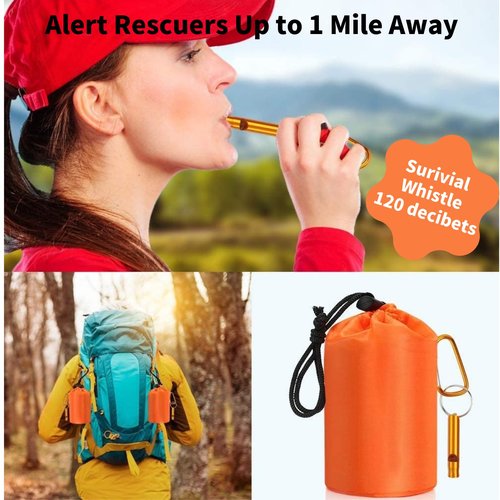 Dzronda Emergency Sleeping Bag with Whistle, Portable Emergency Survival Bag, Lightweight Pocket Size Emergency Sleeping Bag, Waterproof Thermal Bivy Sack for Camping, Hiking (6 Pack + Whistle)