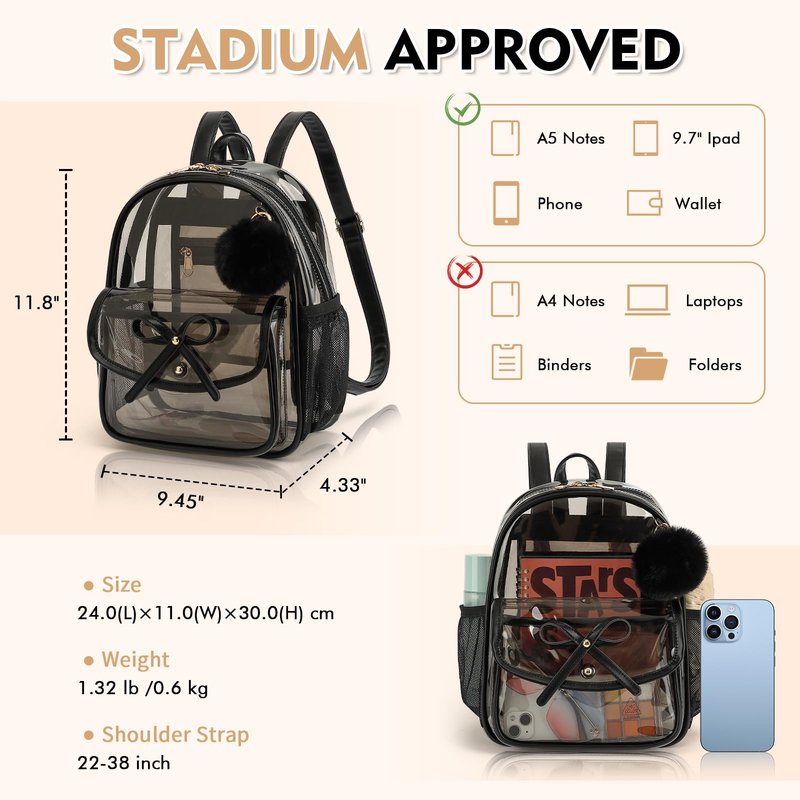 ASKSKY Clear Backpack for Stadium Events 12x12x6, Thick PVC Small Clear Bag with Leather Trim Fashion Women Backpack for Concerts, Sports, Festivals, Work, Travel-Black