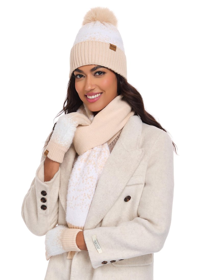 Miorpex Womens Winter Beanie Hat Touchscreen Gloves Long Scarf 3 Set with Warm Fleece Lined Knit Skull Caps Scarves for Women Apricot White