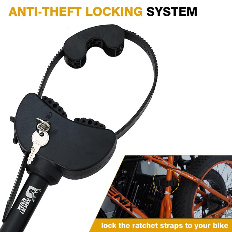 2-Pack Adjustable Lockable Ratchet Straps Frame Holders with Soft Rubber Padding and Keys for E-Bike Carriers and Bike Racks