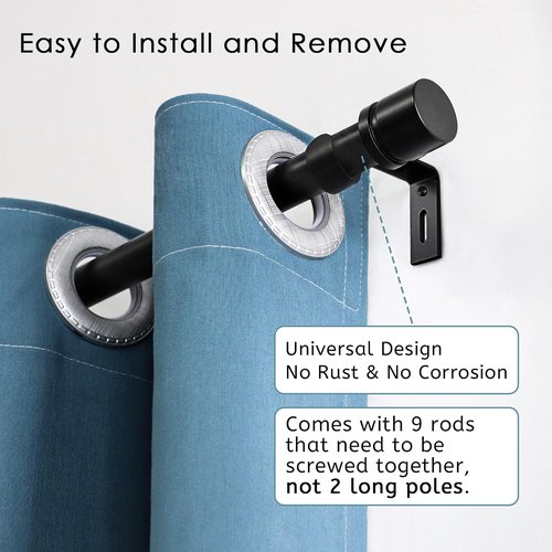 Byondeth Curtain Rods - Adjustable 16 to 144 Inches | 1 Inch Diameter | Black with Aluminium Finials