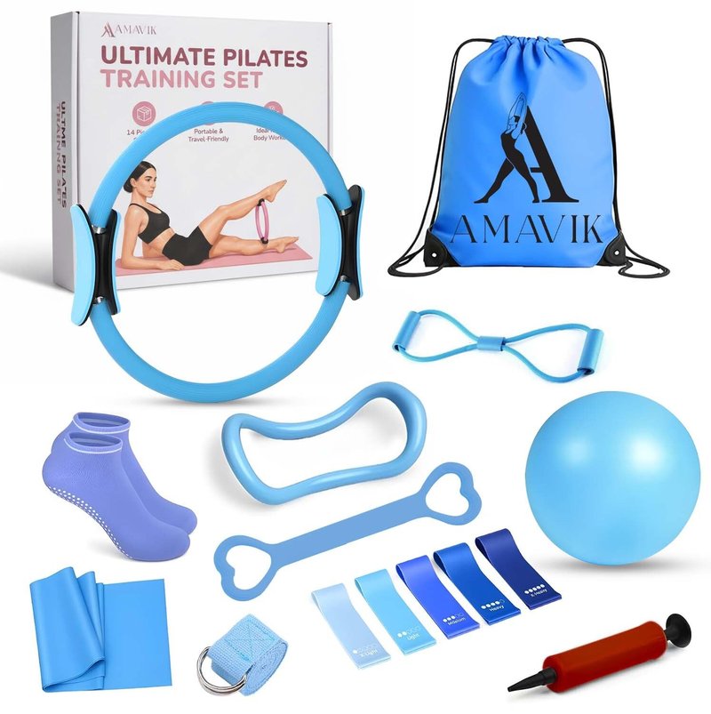 AMAVIK Pilates Kit 15-Piece Home Workout Set with 5 Resistance Bands, Pilates Ring and Ball Sets with Accessories – Complete Pilates Equipment for Women, Flexibility & Balance Training, Purple-Blue