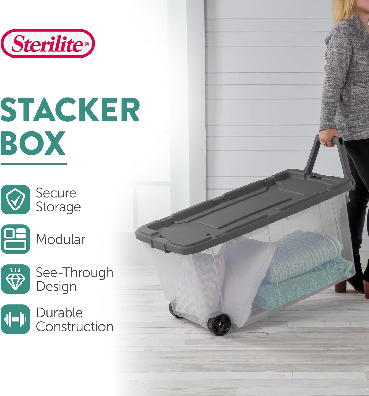 Sterilite 6-Pack Modular Stacker Box - Durable Clear Plastic Storage Bins with Latching Lids | 160 Quart for Organizing Closets, Bathrooms, and Offices