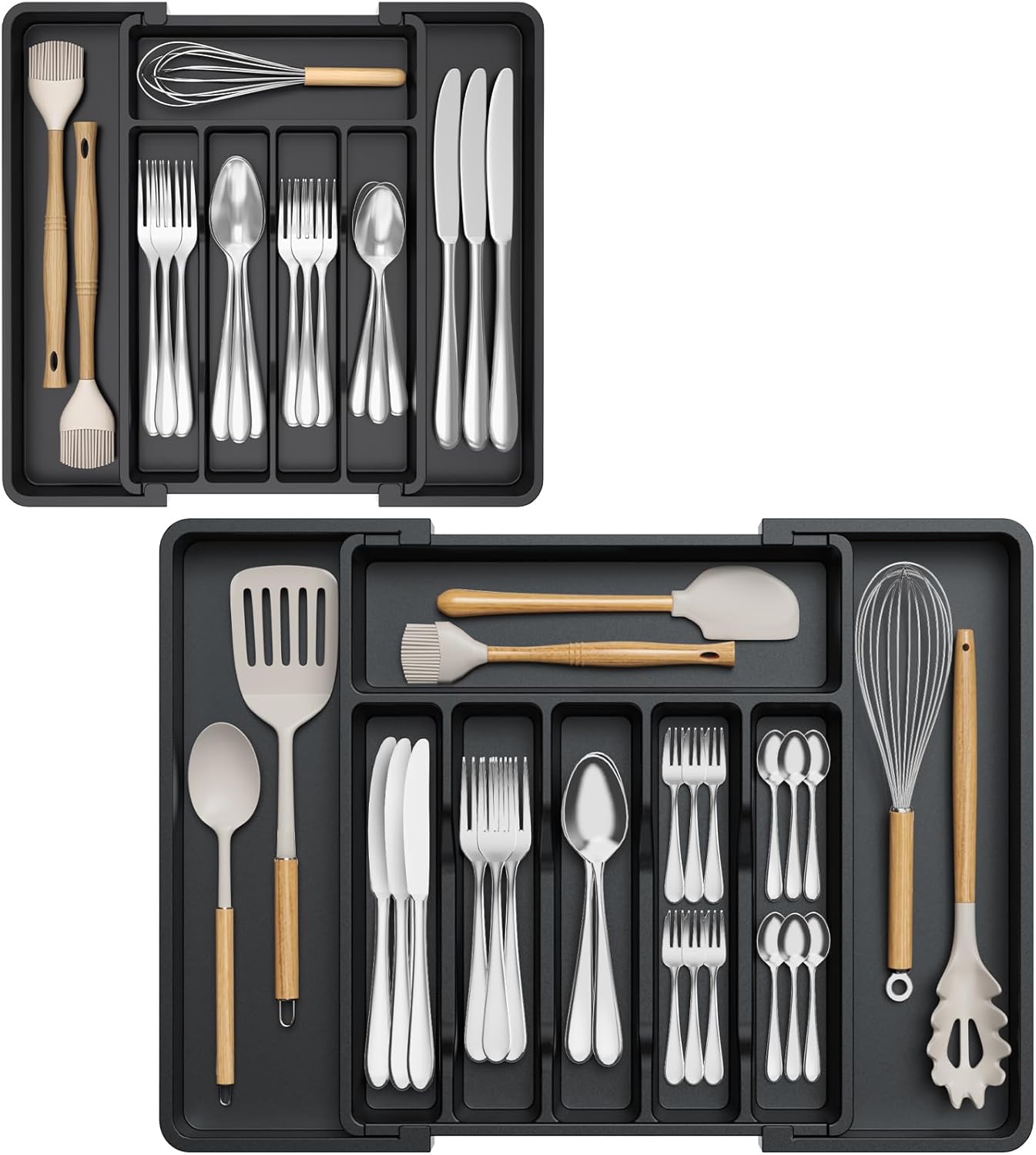 Lifewit Drawer Organizer Set - Expandable Plastic Storage for Silverware & Cooking Utensils | BPA-Free, Black