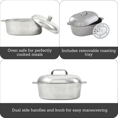 IMUSA USA Heavy Duty Cajun Oval Aluminum Roaster - 15-Inch Size | Durable Silver Finish