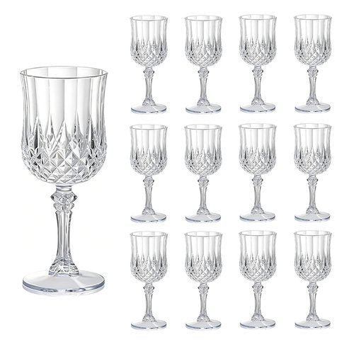 CHLJAR 7oz Plastic Vintage Drinking Glasses Wine Glasses Vintage Champagne Flutes Unbreakable Wedding Glassware Crystal Water Goblets Reusable Drinkware (Clear, 12 PCS)