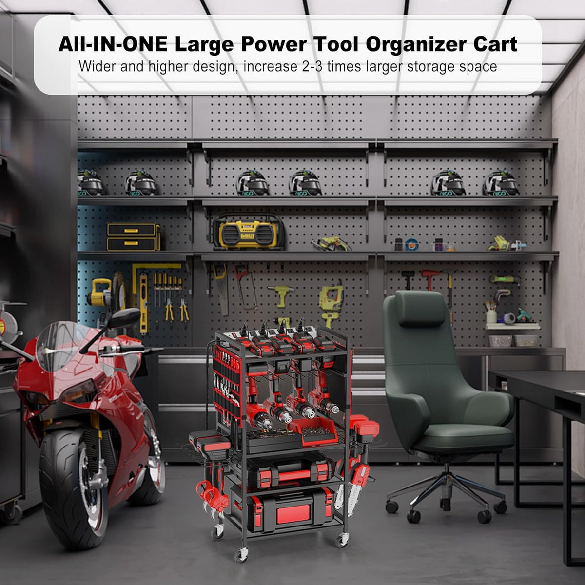 JUNNUJ Power Tool Organizer Cart - Heavy Duty Rolling Storage Rack with 20A Charging Station | Red