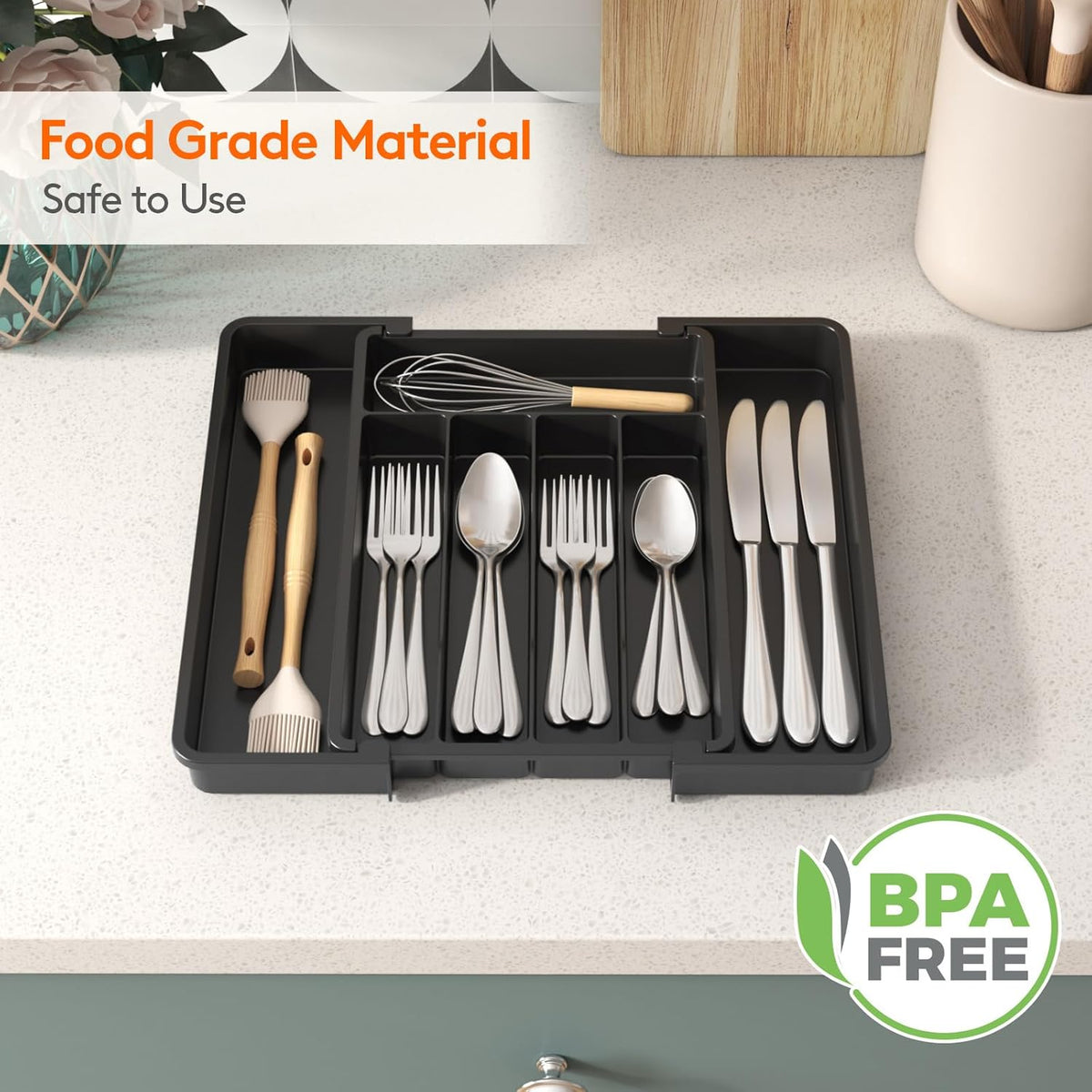 Lifewit Drawer Organizer Set - Expandable Plastic Storage for Silverware & Cooking Utensils | BPA-Free, Black