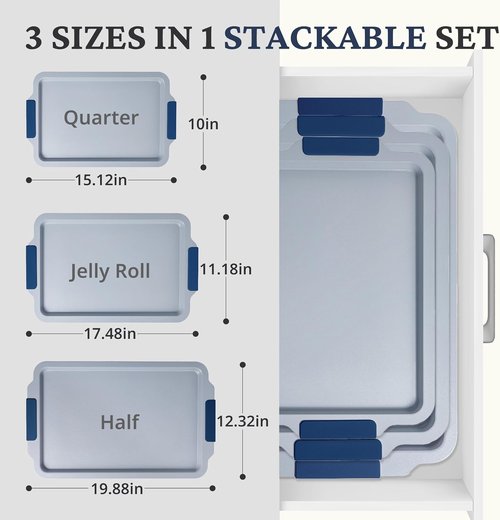 BRONYPRO Non-Stick Ceramic Baking Sheet Set - PFOA & PTFE Free Heavy-Duty Oven Trays | Navy, Set of 3