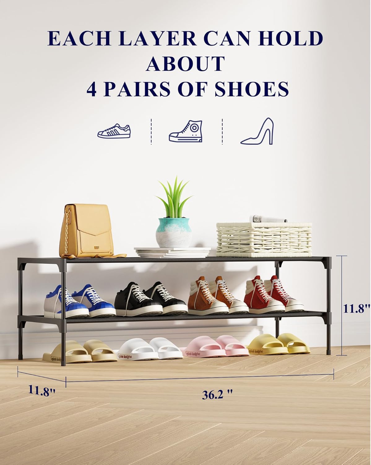 Kitsure Shoe Rack - Stackable Non-Woven Shoe Organizer for Closet & Entryway - 36.2" Wide, Black